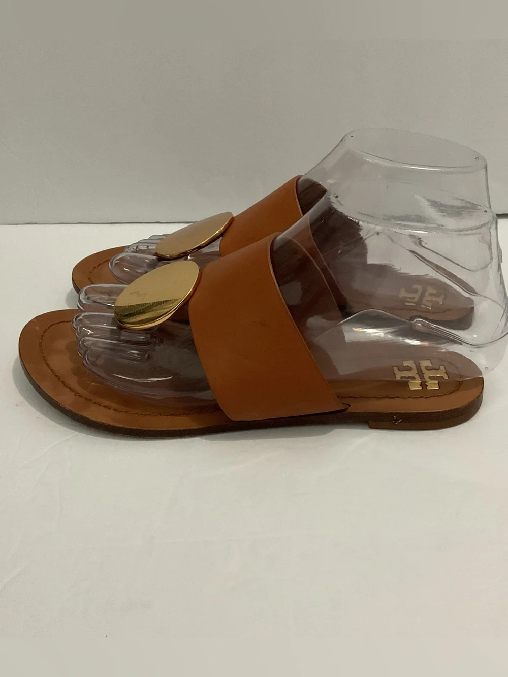 Tory Burch Patos Gold Disk Luxury Leather Top & Bottom Sandal Mou Cognac Brown 6